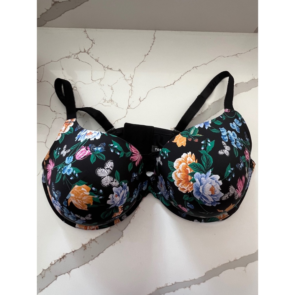 Torrid XO Plunge Push-Up Bra 42DDD Black Floral Butterfly Strappy Underwire